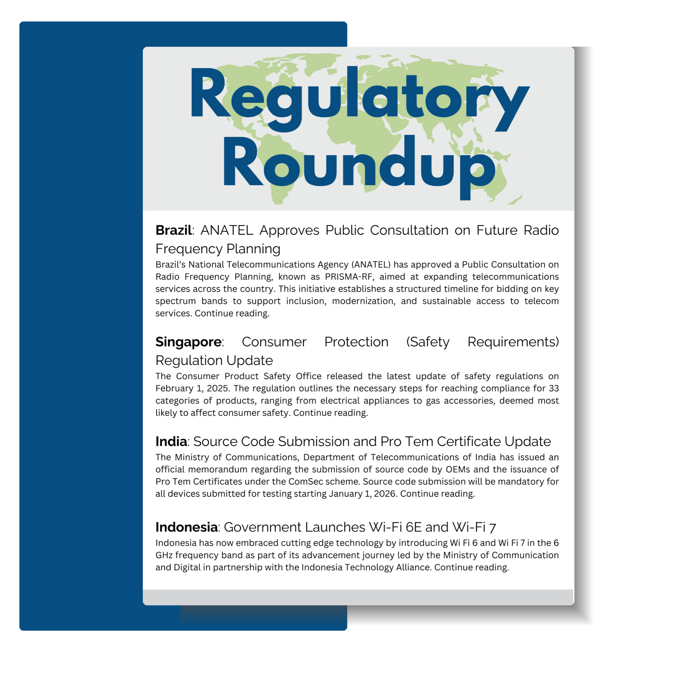 Mockup of Regulatory Newsletter on blue and white background
