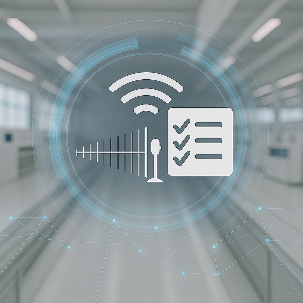 A futuristic industrial IoT setup showcasing a signal and a wifi signal in a modern factory environment.