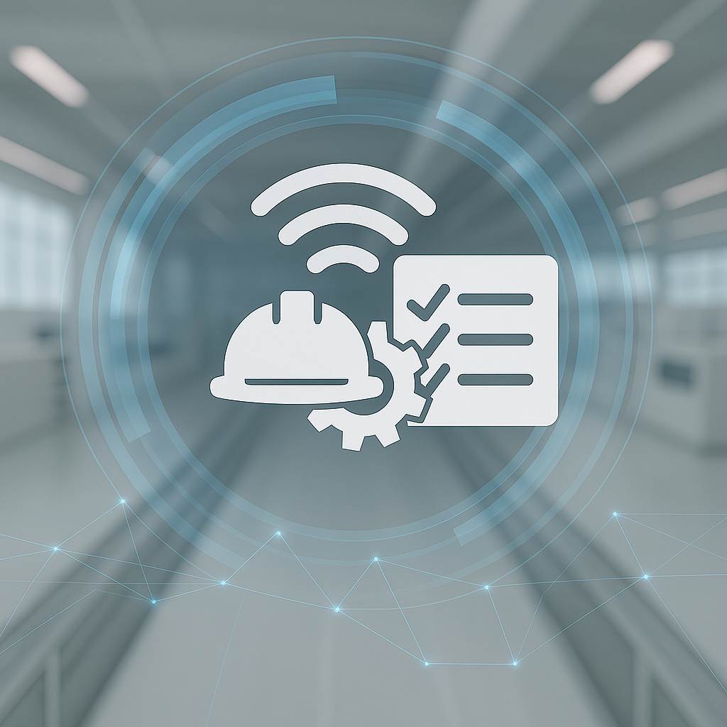 A futuristic industrial IoT background showcasing a hardhat, gear, and a wifi signal in a modern factory environment with a checklist icon in the back.
