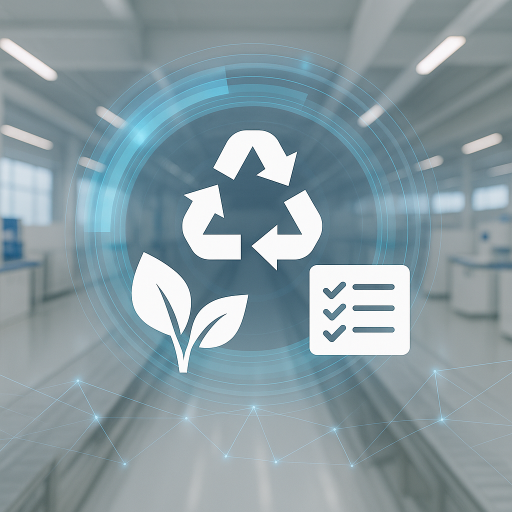 A futuristic industrial IoT background with a leaf icon, recycle icon, and checklist icon all in white.