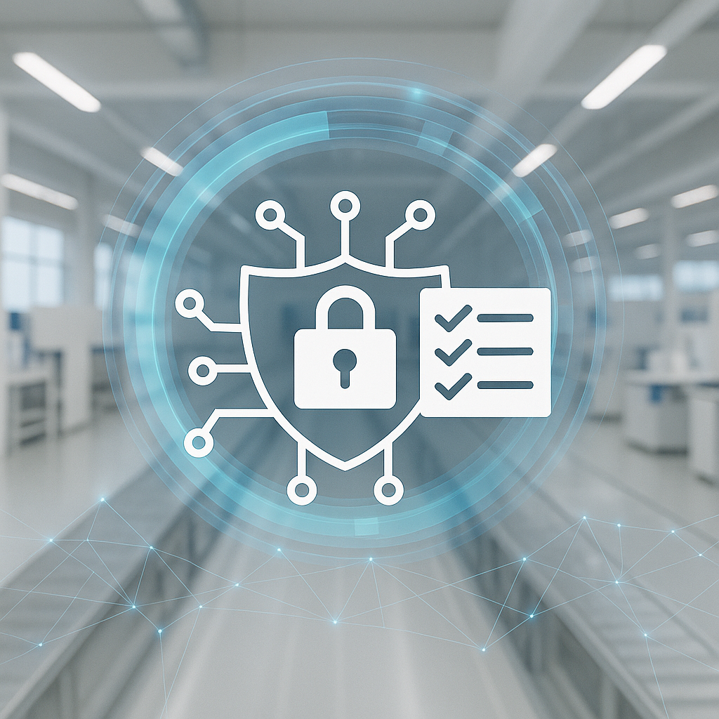 A futuristic manufacturing background with a lock icon on top of a shield with technology lines and a checklist icon